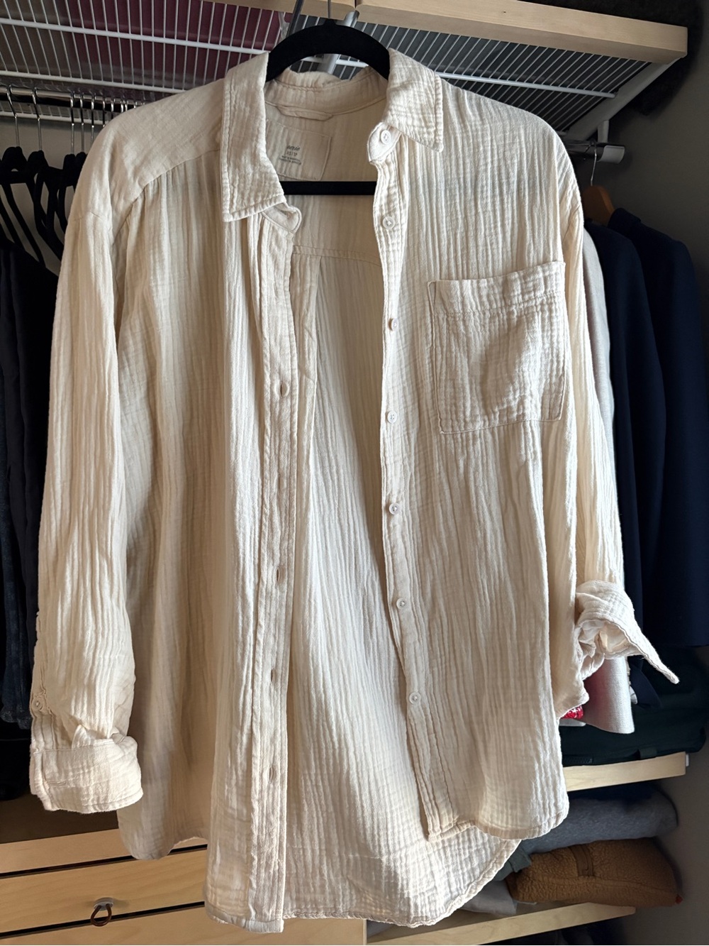 aerie Cream Textured Long-Sleeve Button-Down Shirt
